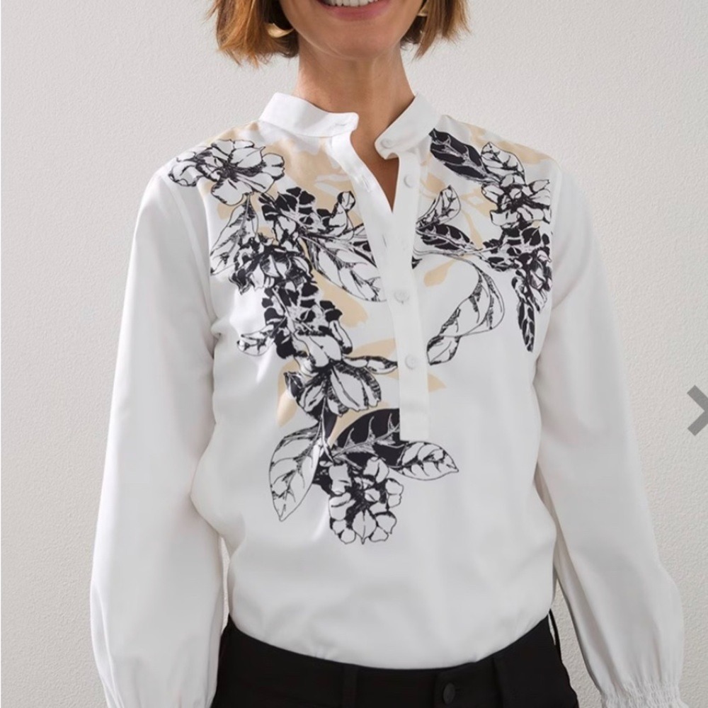 Chicos No Iron Chic Stretch Floral Mandarin Collar Blouse White Size 0.5 S 6